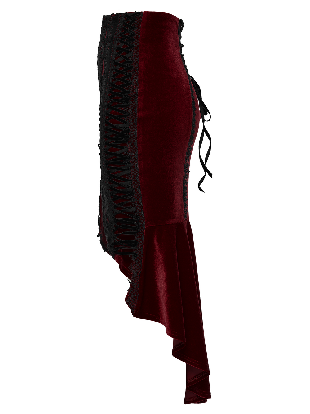 Gothic Velvet Rose Lace Fishtail Skirt with Drawstring featuring adjustable lacing and high-low hem for dramatic movement.