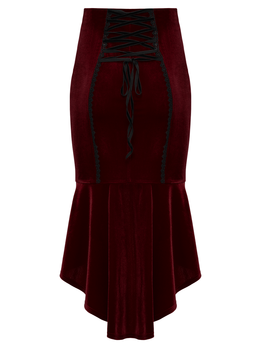 Gothic Velvet Rose Lace Fishtail Skirt with Drawstring in burgundy with lace-up corset back and high-low hem.