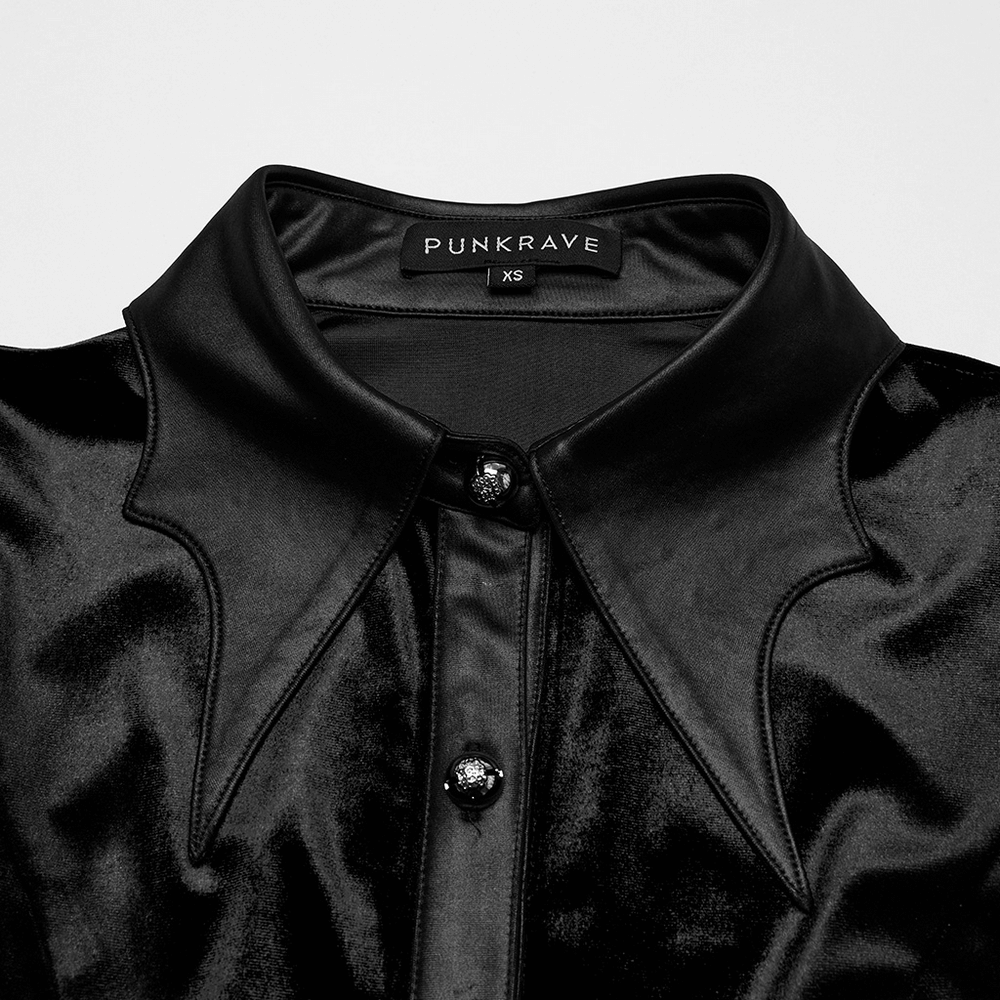 Close-up of Gothic Velvet Shirt with bat collar and floral buttons, showcasing a luxurious black velvet finish.