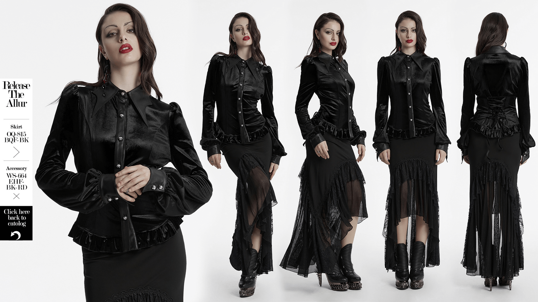 Gothic velvet shirt with bat collar, lace-up back, floral buttons, and ruffled edges for a stylish, edgy look.