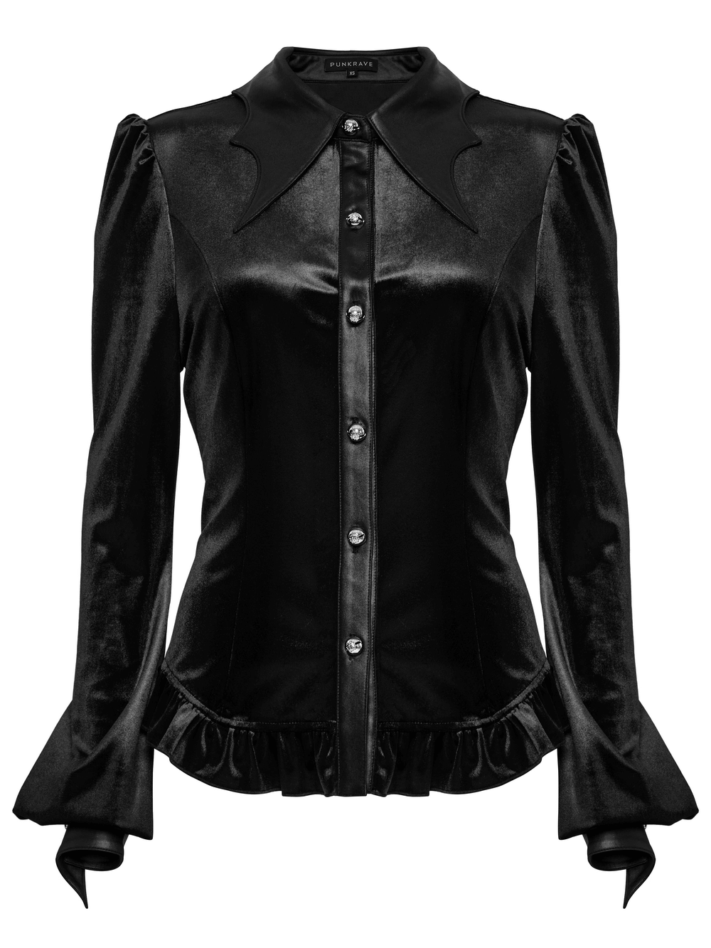 Gothic velvet shirt with bat collar, floral buttons, and ruffled edges for a unique edgy style.