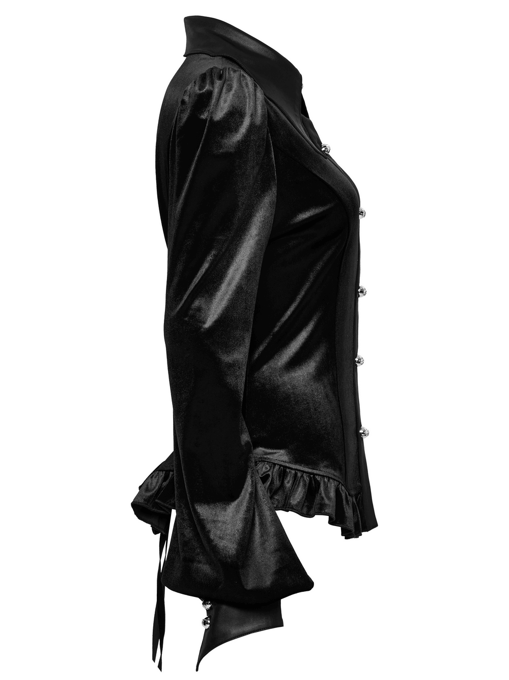 Gothic velvet shirt with bat collar, floral buttons, and ruffled hem, showcasing a sleek black design from the side.