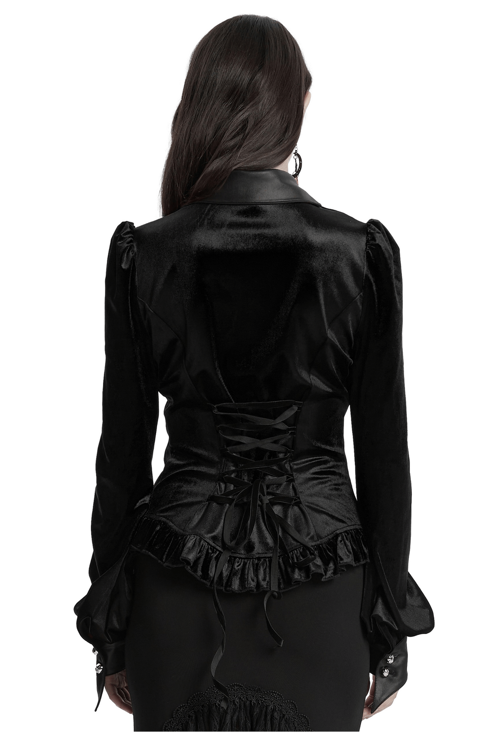 Back view of gothic velvet shirt featuring bat collar and lace-up detail with ruffles, ideal for an edgy, feminine look.