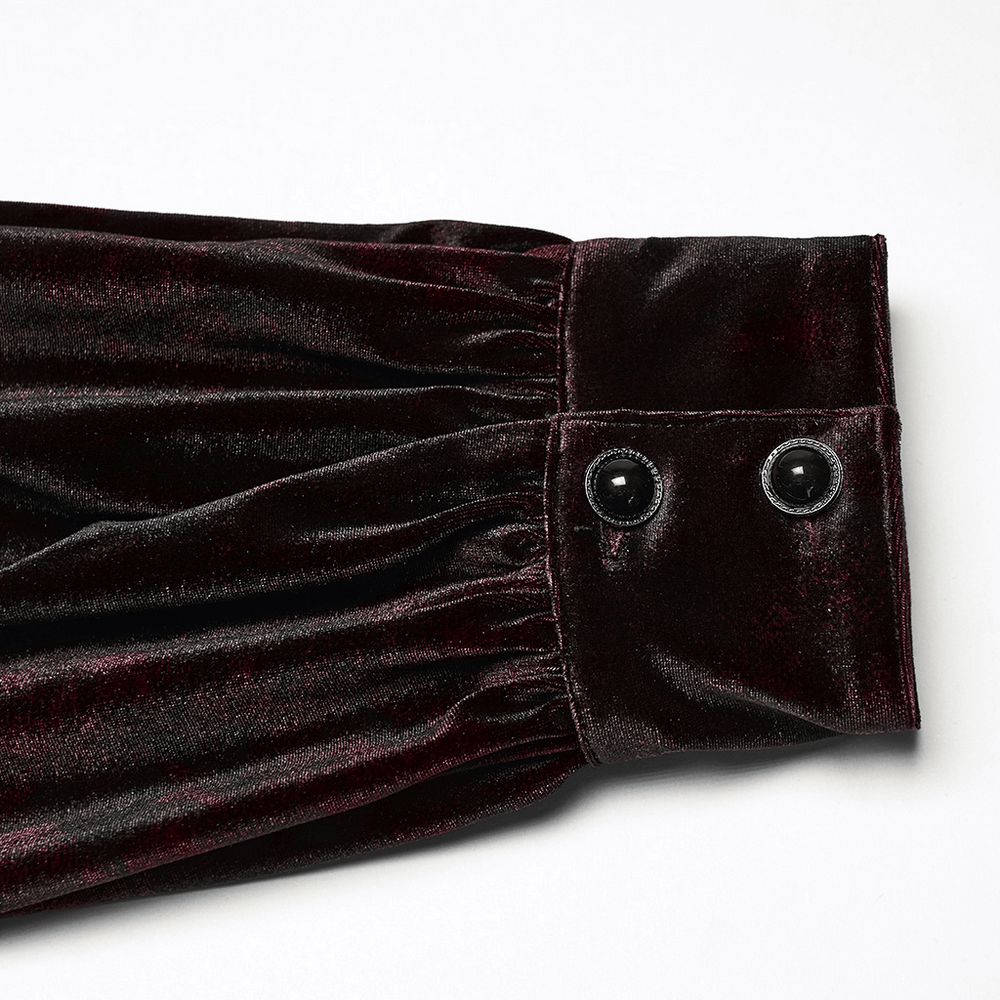 Gothic Velvet Shirt with Button Detail and Long Sleeves close-up of button cuff detail in rich dark red velvet.