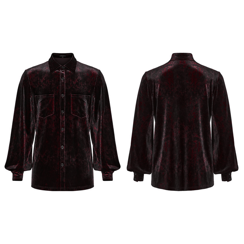 Gothic Velvet Shirt with Button Detail and Long Sleeves in dark red and black, featuring long sleeves and button cuffs.