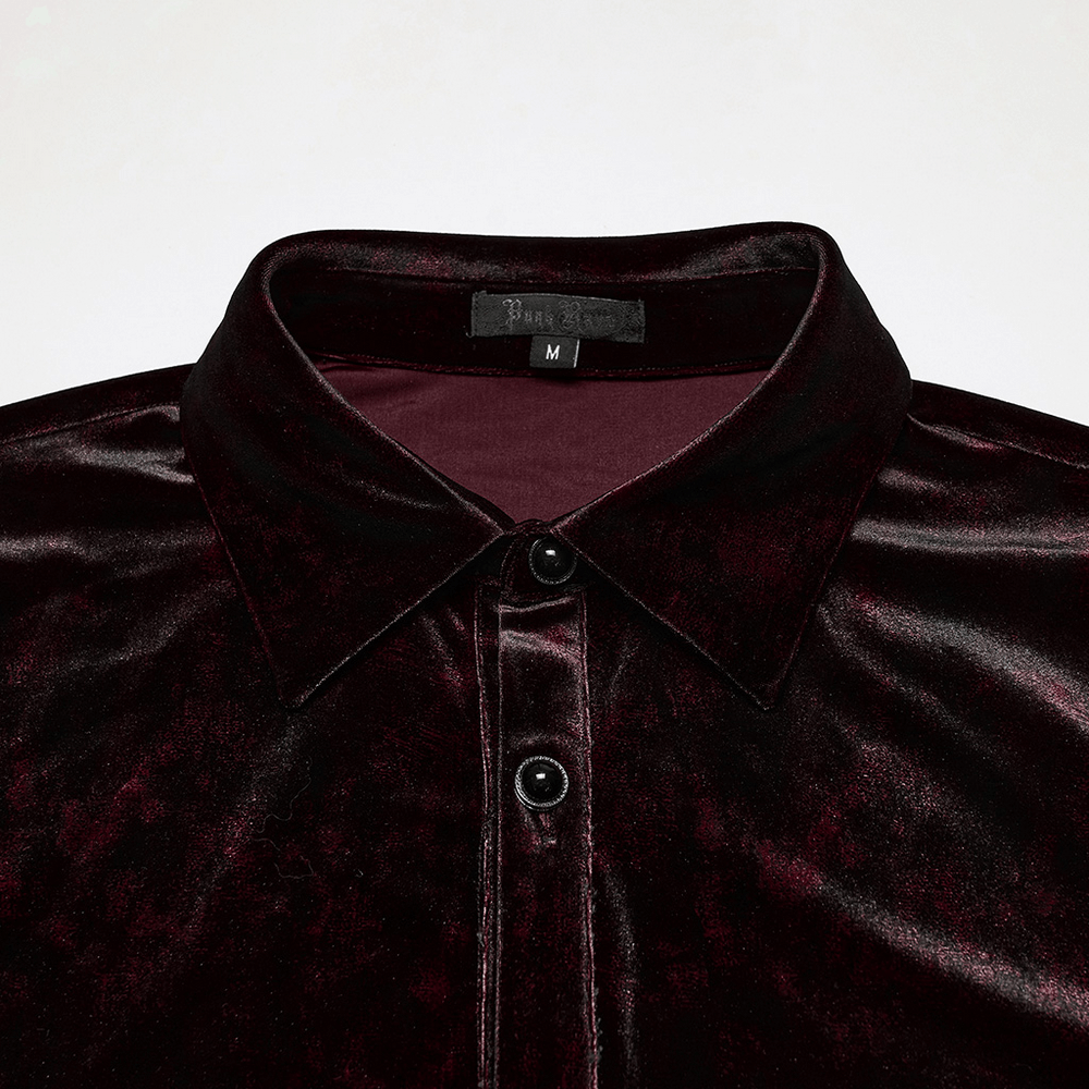 Gothic Velvet Shirt with Button Detail and Long Sleeves collar and button detail close-up.