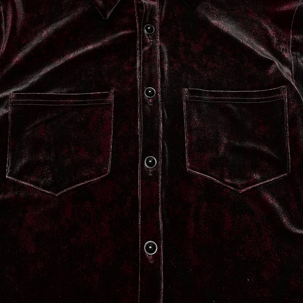 Gothic Velvet Shirt with Button Detail and Long Sleeves front view showcasing luxurious dark red velvet and button details.