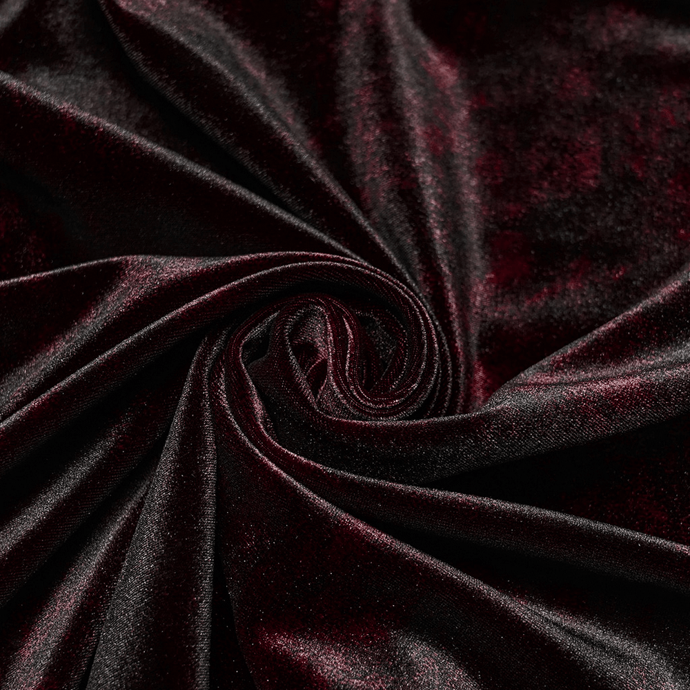 Gothic Velvet Shirt with Button Detail and Long Sleeves luxurious dark red velvet fabric close-up.