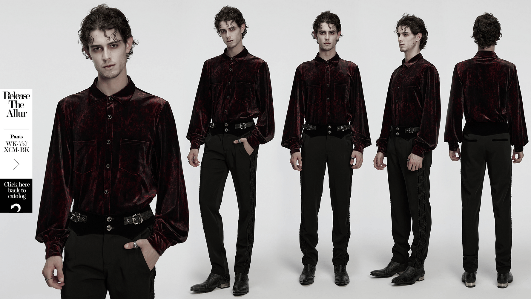 Gothic Velvet Shirt with Button Detail and Long Sleeves displayed in dark red velvet, featuring long sleeves and button details.