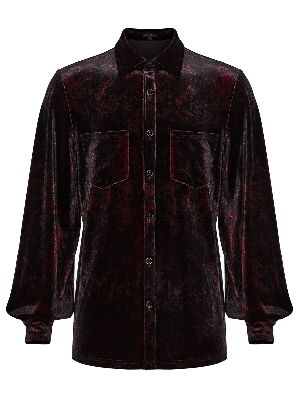 Gothic Velvet Shirt with Button Detail and Long Sleeves in dark red and black, featuring stylish button cuffs.