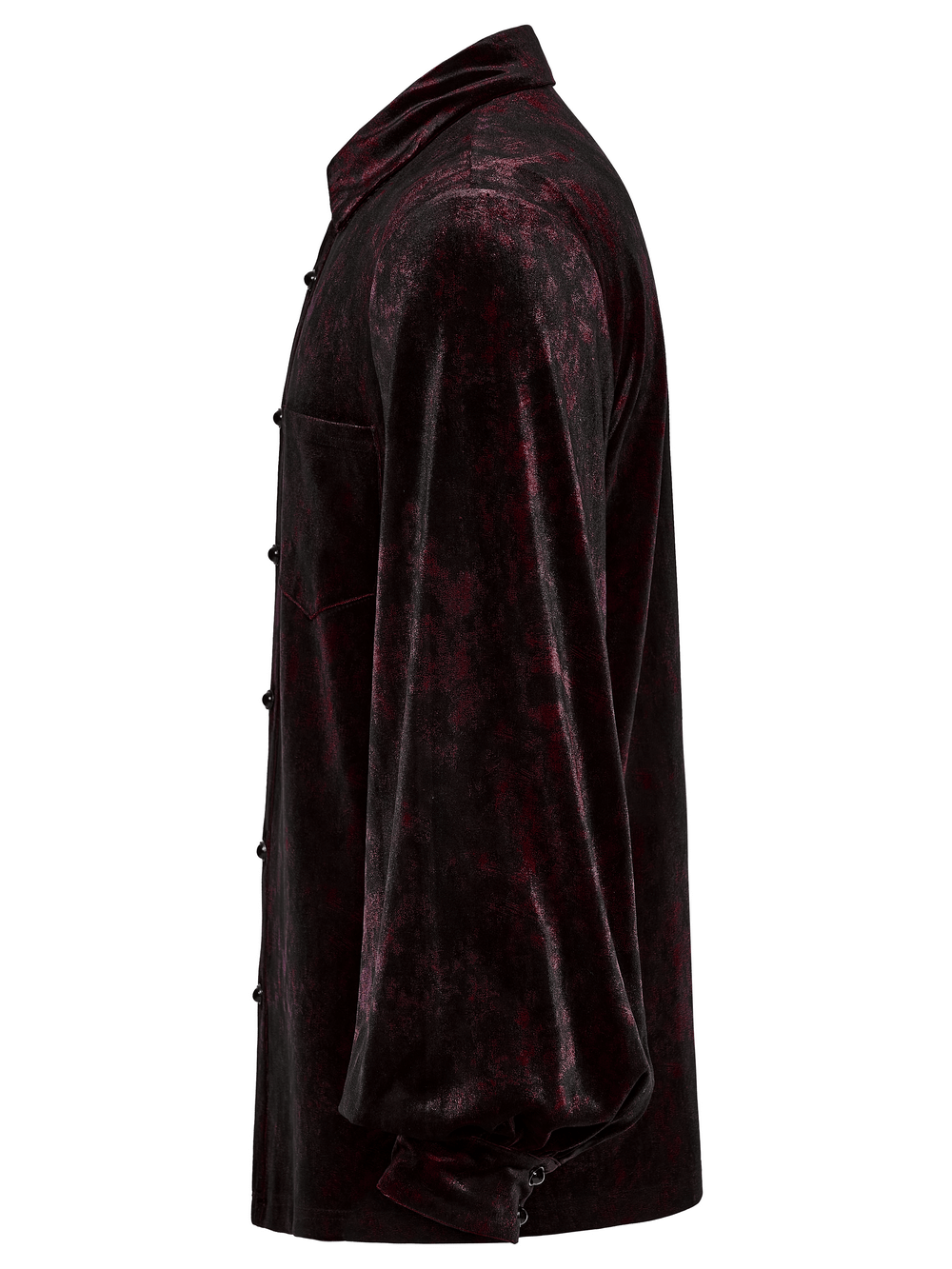 Gothic Velvet Shirt with Button Detail and Long Sleeves side view showcasing rich dark red and black pattern.