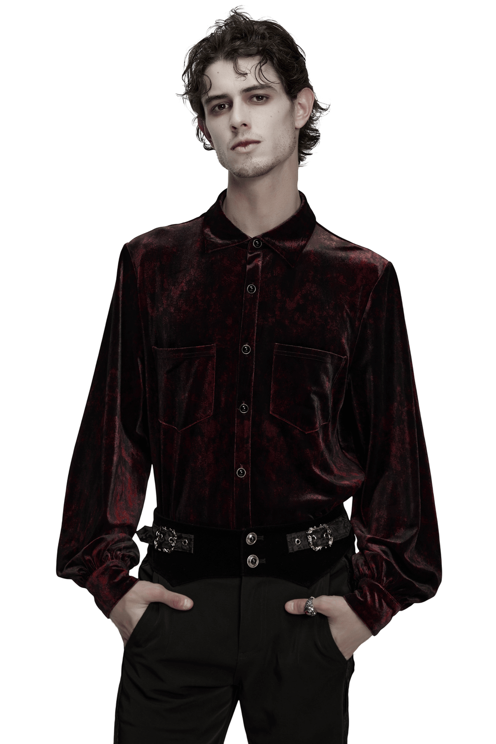 Gothic Velvet Shirt with Button Detail and Long Sleeves worn by a model in rich dark red and black.