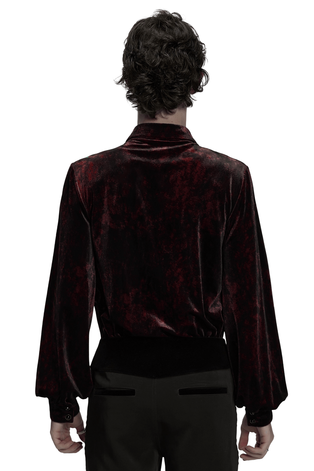 Gothic Velvet Shirt with Button Detail and Long Sleeves seen from the back, showcasing rich dark red and black velvet fabric.