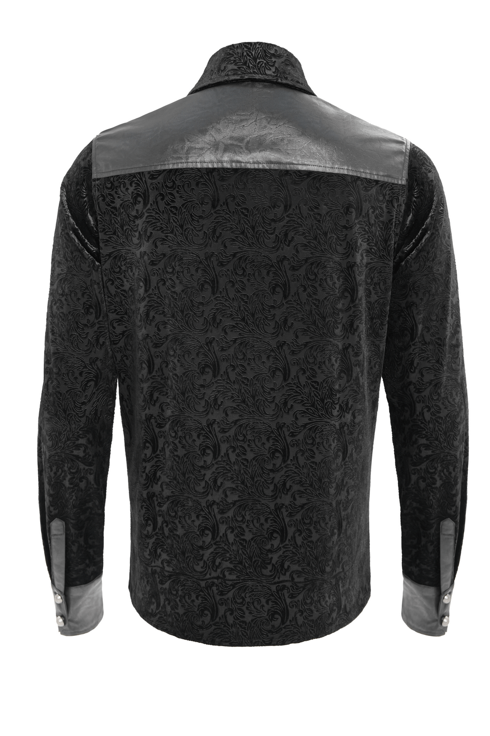 Gothic Velvet Shirt with Leather Trim and Lace-Up Detail back view showcasing intricate baroque pattern.