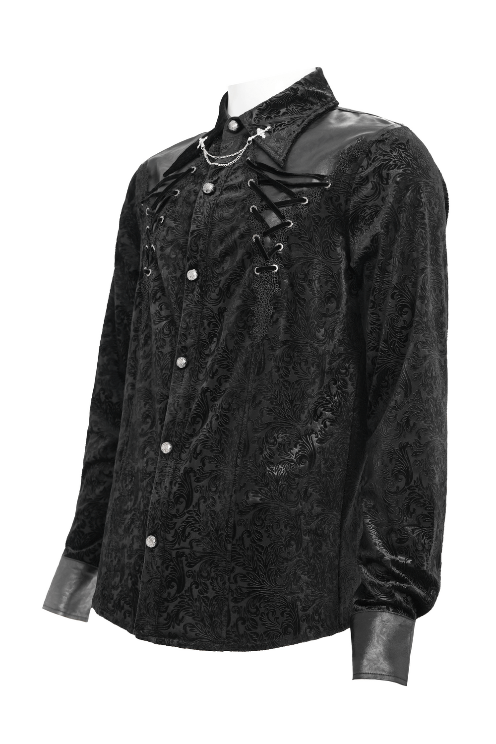 Gothic Velvet Shirt with Leather Trim and Lace-Up Detail showcasing a dark Victorian style with faux leather accents.
