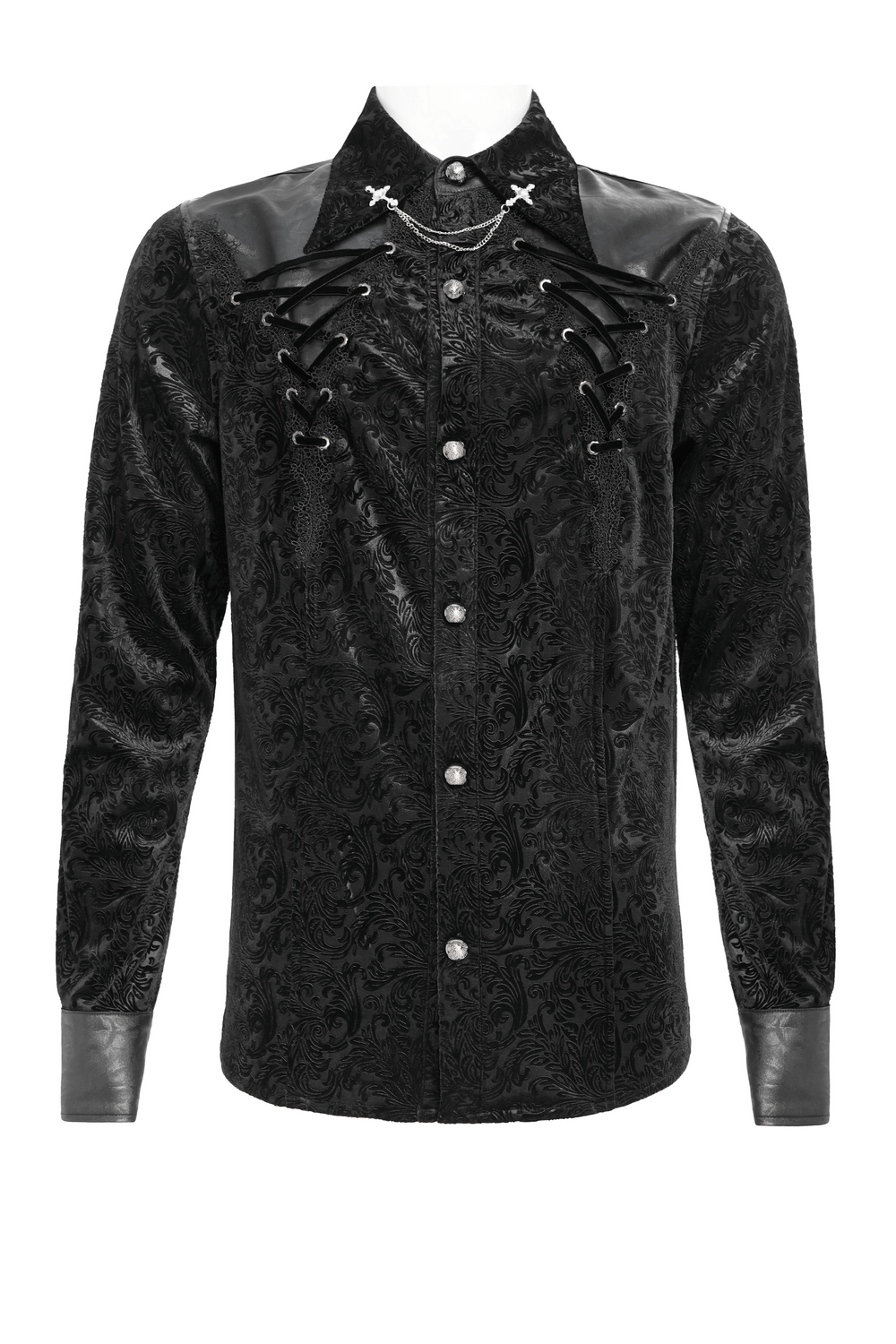Gothic Velvet Shirt with Leather Trim and Lace-Up Detail featuring dark baroque patterns and faux leather accents.