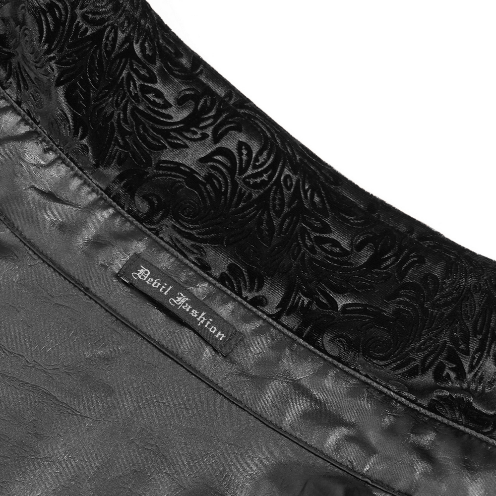 Gothic Velvet Shirt with Leather Trim and Lace-Up Detail collar featuring intricate baroque pattern.