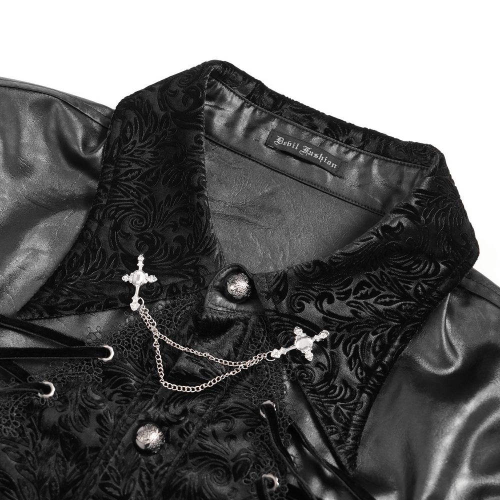 Gothic Velvet Shirt with Leather Trim and Lace-Up Detail showcasing intricate velvet texture and leather accents.