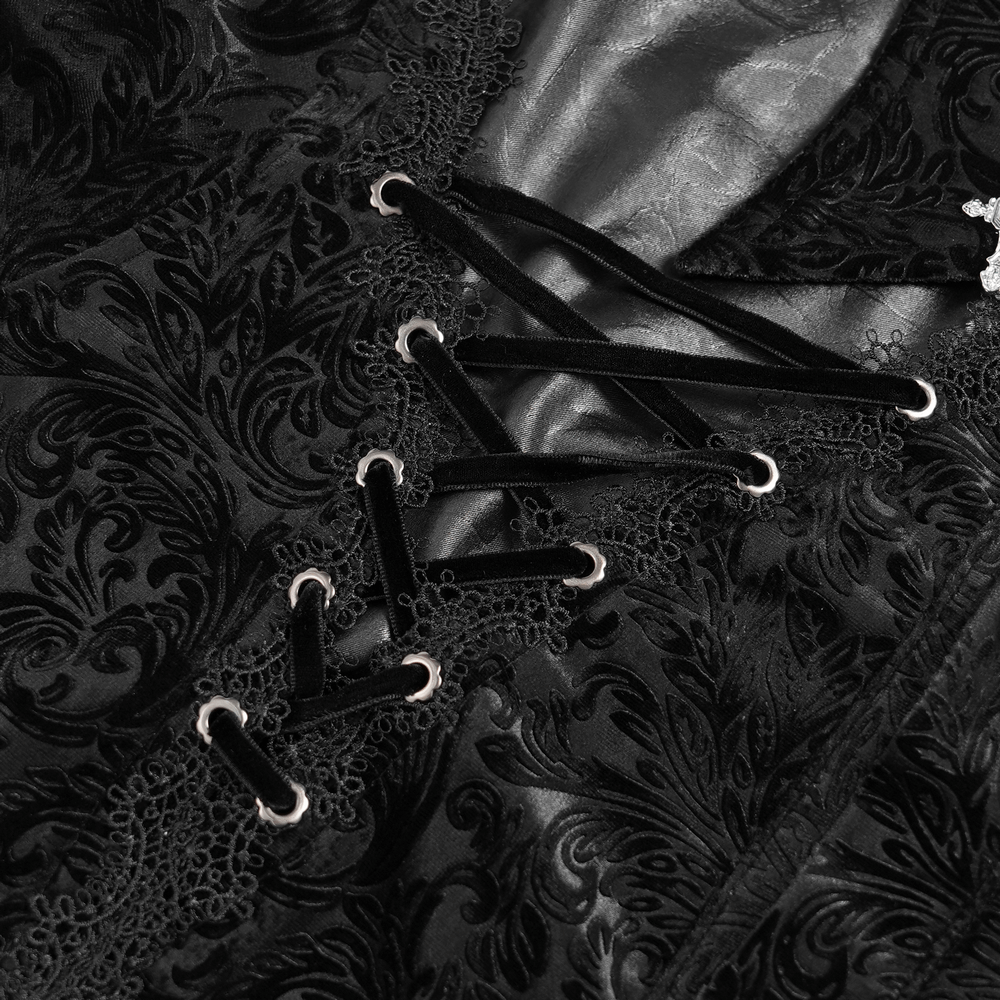 Gothic Velvet Shirt with Leather Trim and Lace-Up Detail close-up of lace-up and textured fabric