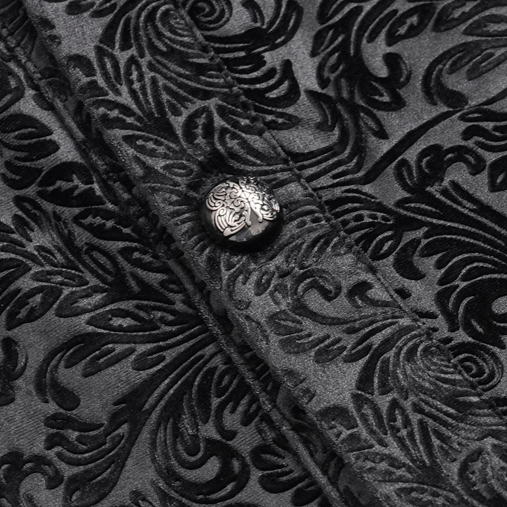 Gothic Velvet Shirt with Leather Trim and Lace-Up Detail close-up showing baroque pattern and ornate button.