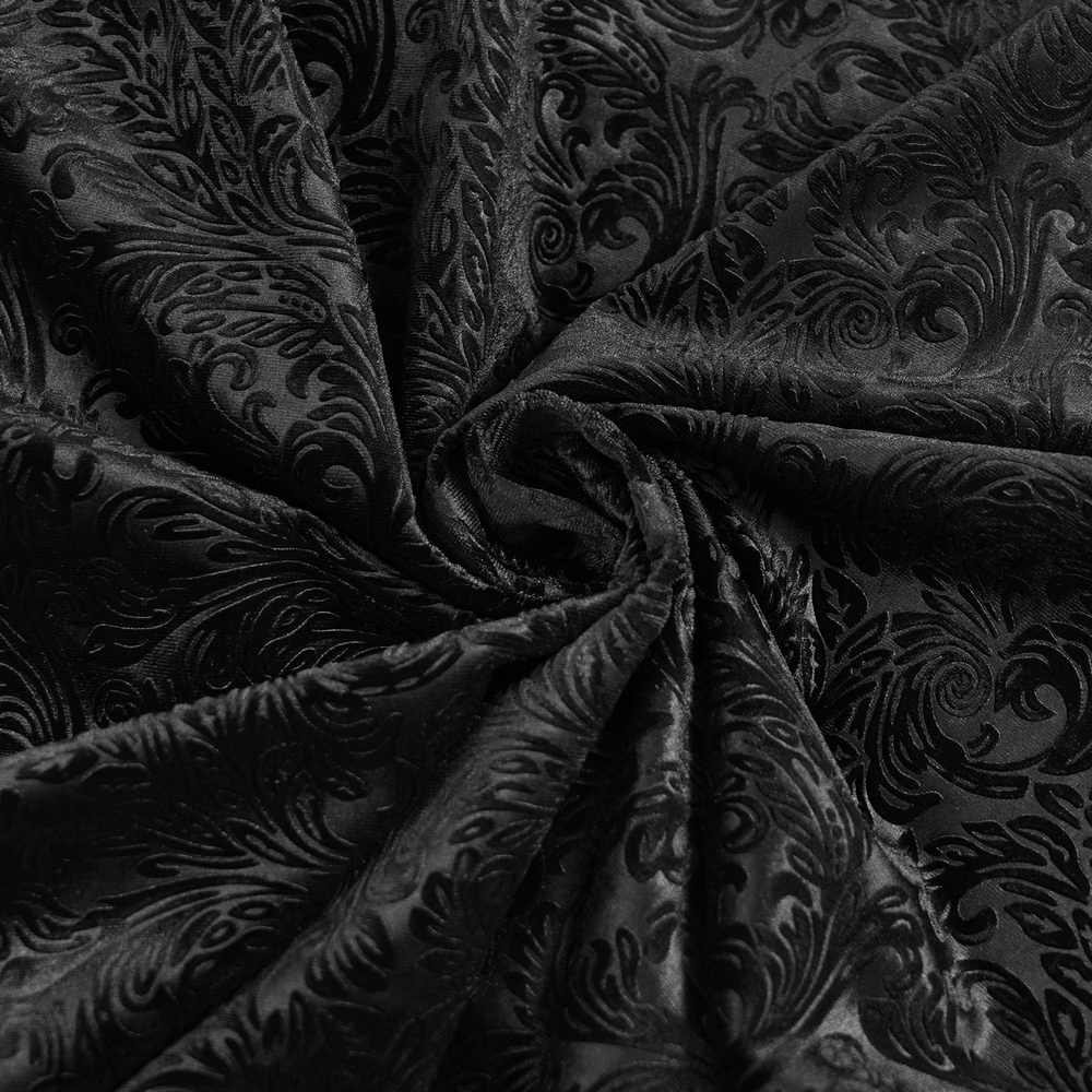 Gothic Velvet Shirt with Leather Trim and Lace-Up Detail fabric showcasing intricate baroque pattern in rich black.