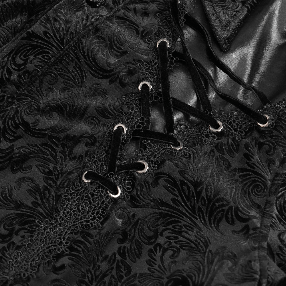 Gothic Velvet Shirt with Leather Trim and Lace-Up Detail close-up showing intricate lace-up design and baroque pattern.