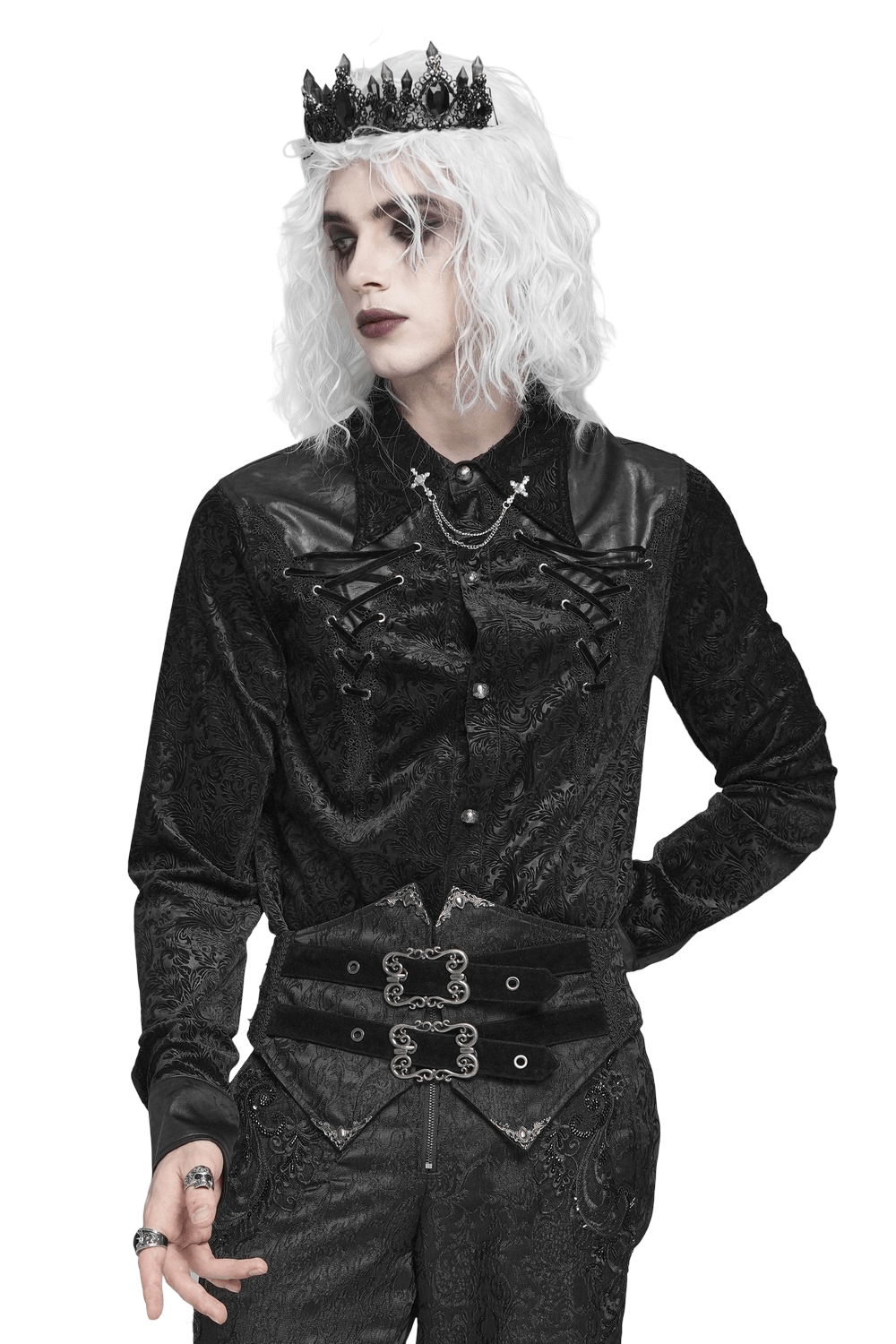 Gothic Velvet Shirt with Leather Trim and Lace-Up Detail worn with dramatic accessories