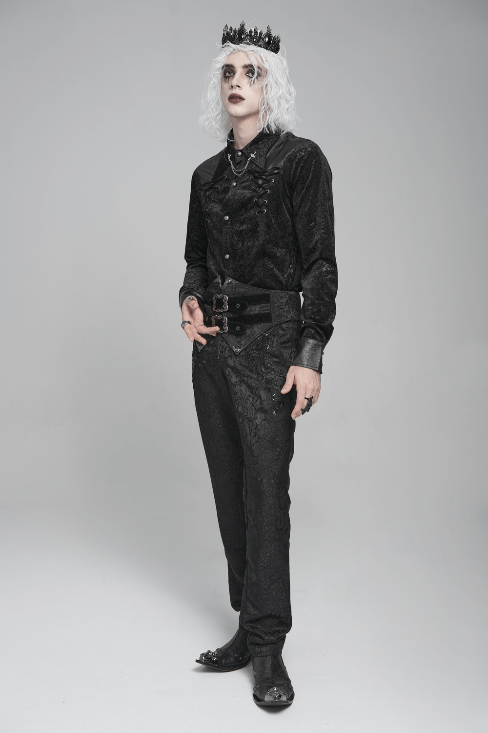 Gothic Velvet Shirt with Leather Trim and Lace-Up Detail modeled by a person in dark fashion attire.