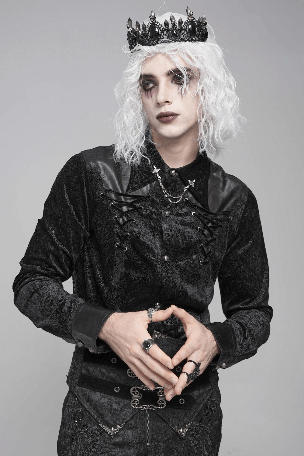 Gothic Velvet Shirt with Leather Trim and Lace-Up Detail worn by a model, showcasing dark Victorian fashion.