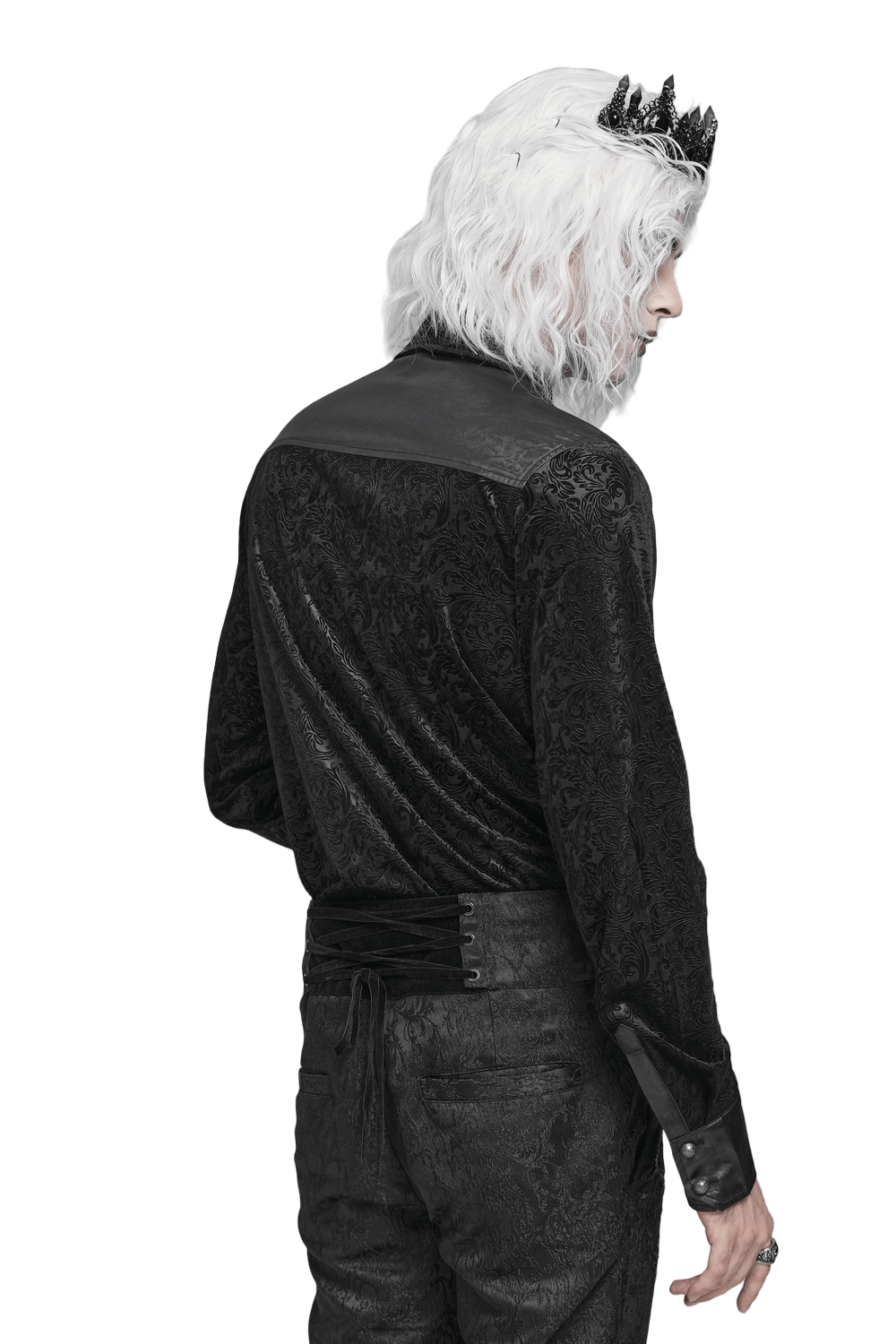 Gothic Velvet Shirt with Leather Trim and Lace-Up Detail in dark velvet with faux leather accents and intricate baroque pattern.