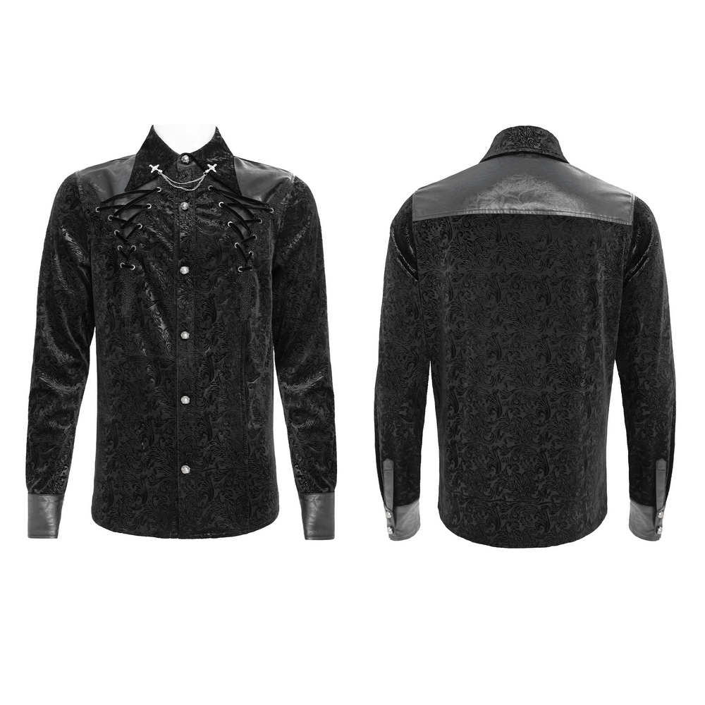Gothic Velvet Shirt with Leather Trim and Lace-Up Detail featuring faux leather accents and baroque pattern.