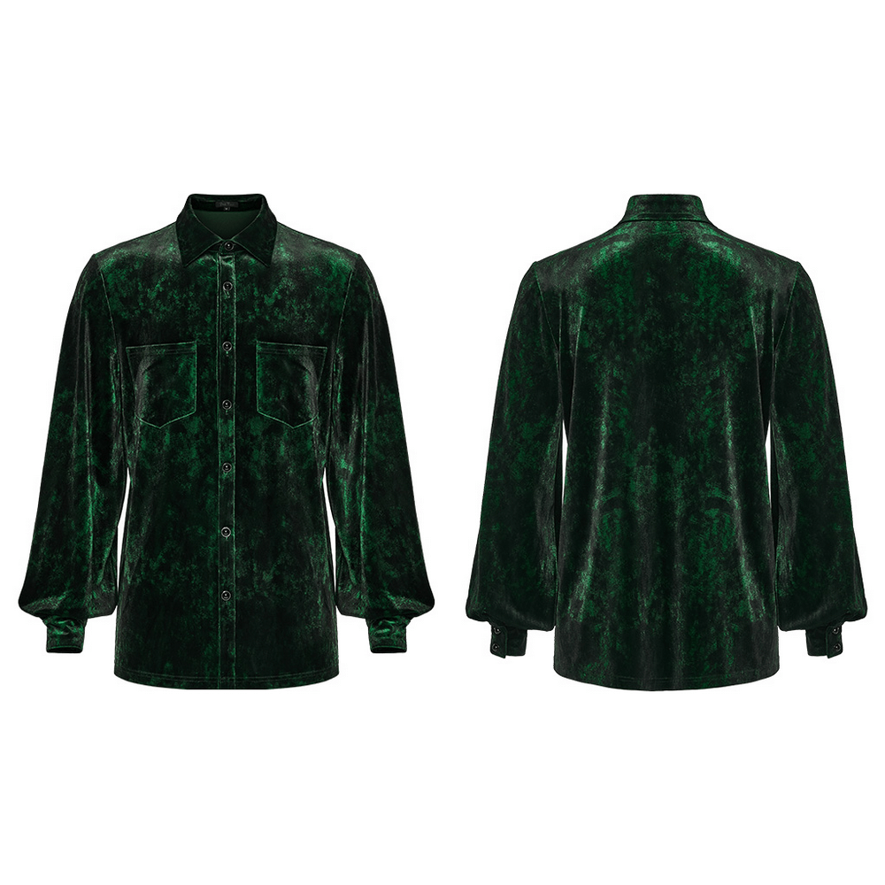 Gothic Velvet Shirt with Pearl Buttons for Daily Wear, featuring a sleek green velvet design and stylish pockets.