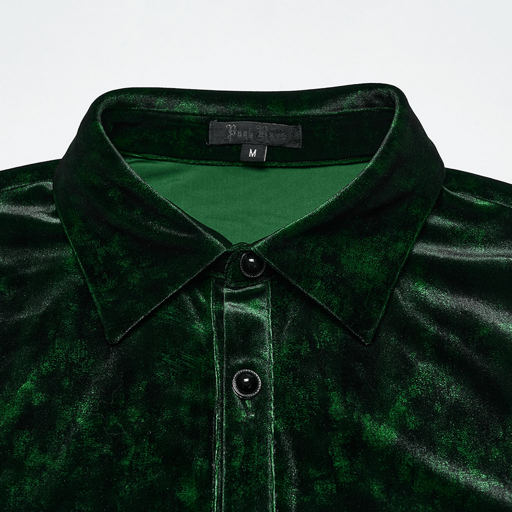 Gothic Velvet Shirt with Pearl Buttons for Daily Wear, featuring a dark green velvet fabric and button-up collar.