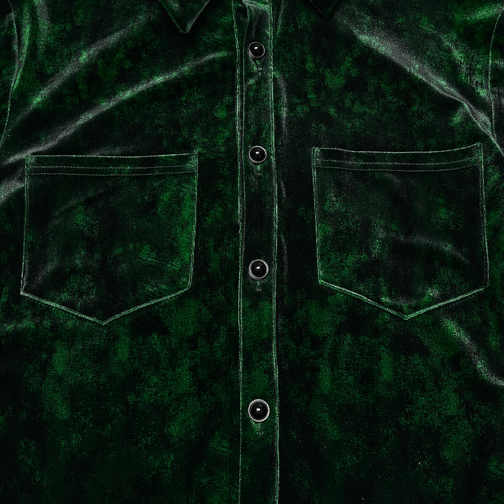 Gothic Velvet Shirt with Pearl Buttons for Daily Wear featuring green velvet fabric and button-up design.