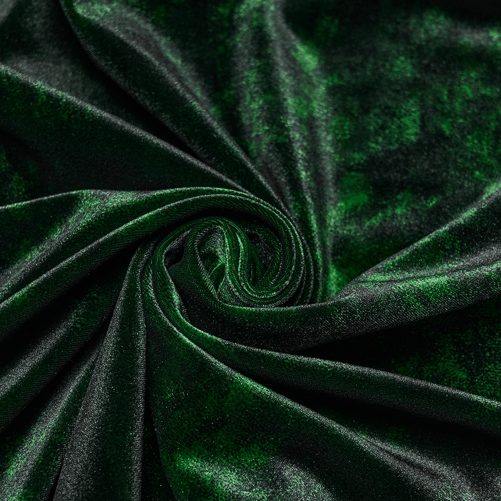 Gothic Velvet Shirt with Pearl Buttons for Daily Wear green velvet fabric texture close-up.