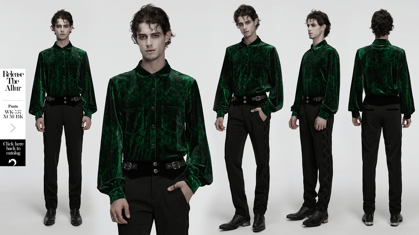 Gothic Velvet Shirt with Pearl Buttons for Daily Wear featured in green, showcasing its sleek design and elegant diamond pearl buttons.
