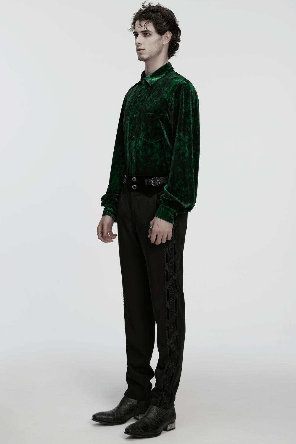Gothic Velvet Shirt with Pearl Buttons for Daily Wear worn by a model, featuring a stylish green velvet fabric and elegant design.