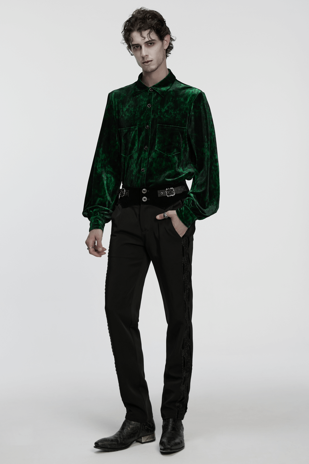 Gothic Velvet Shirt with Pearl Buttons for Daily Wear on a model, showcasing its elegant design and rich color.