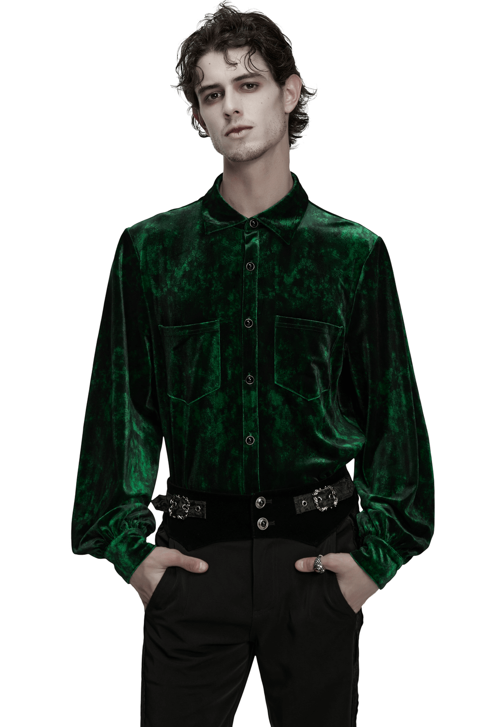 Gothic Velvet Shirt with Pearl Buttons for Daily Wear, featuring a sleek green design and diamond pearl buttons.
