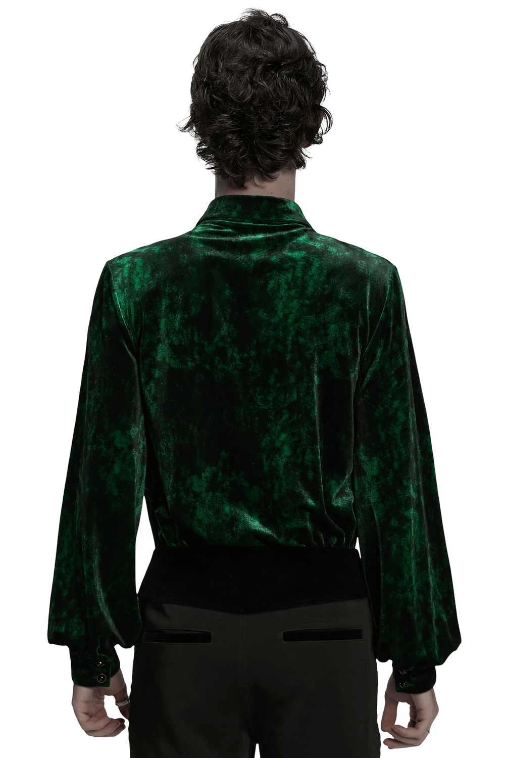 Back view of Gothic Velvet Shirt with Pearl Buttons for Daily Wear, featuring a rich green color and elegant design.