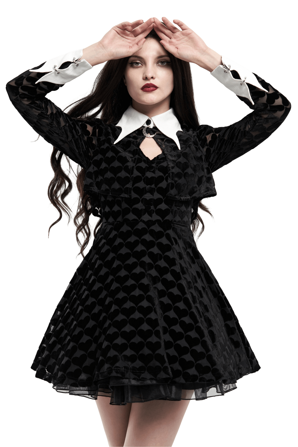 Gothic Velvet Short Dress with White Cuffs and Bat Collar