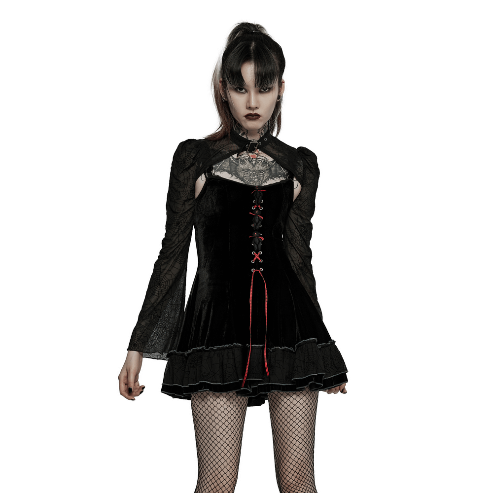 Gothic velvet two-piece dress set featuring spider web design and playful red plaid accents.