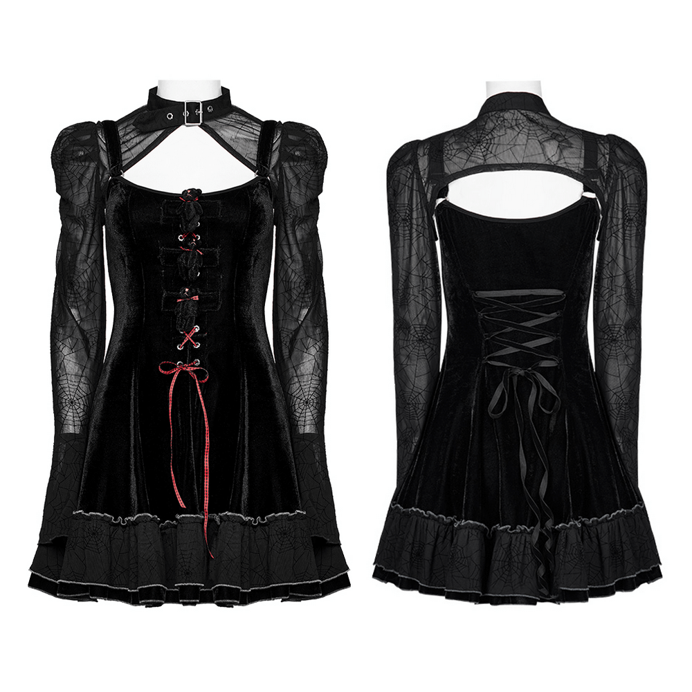 Gothic velvet two-piece dress set with spider web design and red plaid accents, showcasing adjustable fit and unique details.