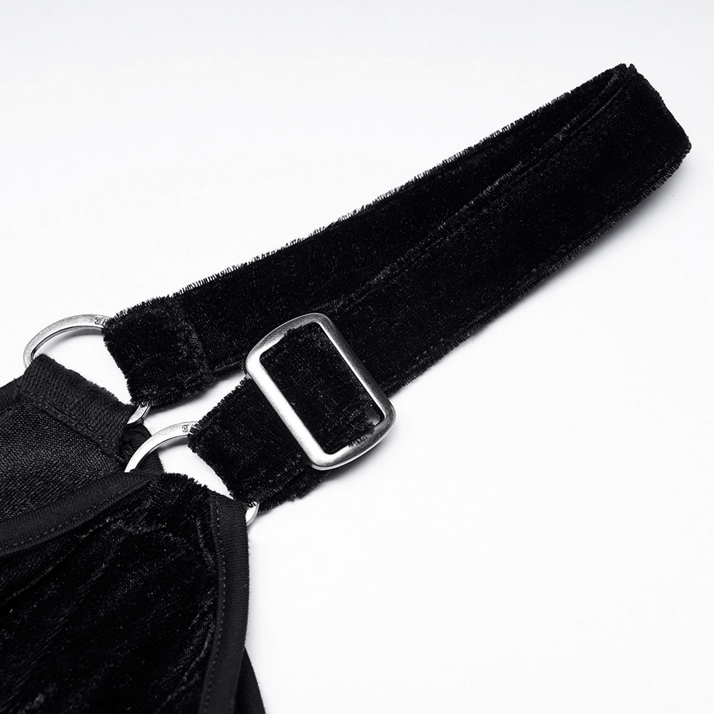 Close-up of velvet strap with silver buckle from gothic two-piece dress set, showcasing elegant texture and detail.