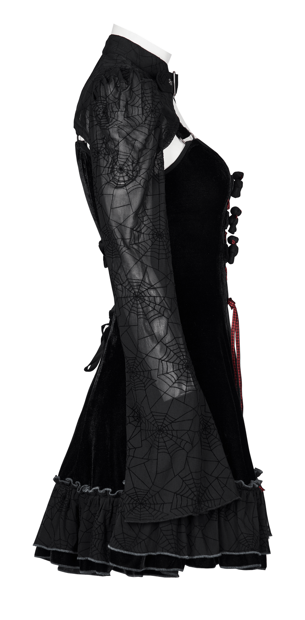 Gothic velvet dress with spider web design, featuring a playful coat and charm details, perfect for unique women's fashion.