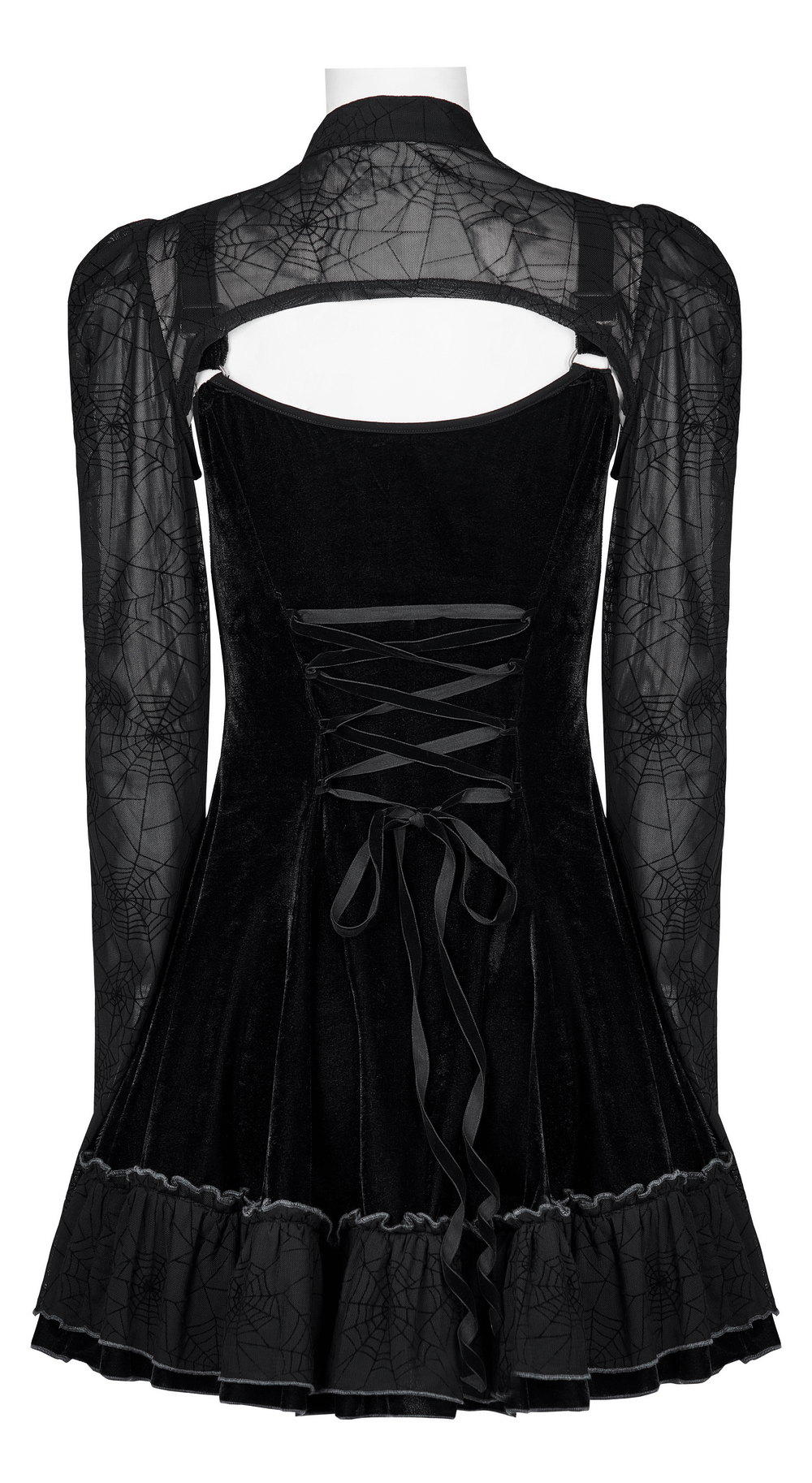 Back view of Gothic Velvet Spider Web Design two-piece dress set with spider web accents and lace-up details.
