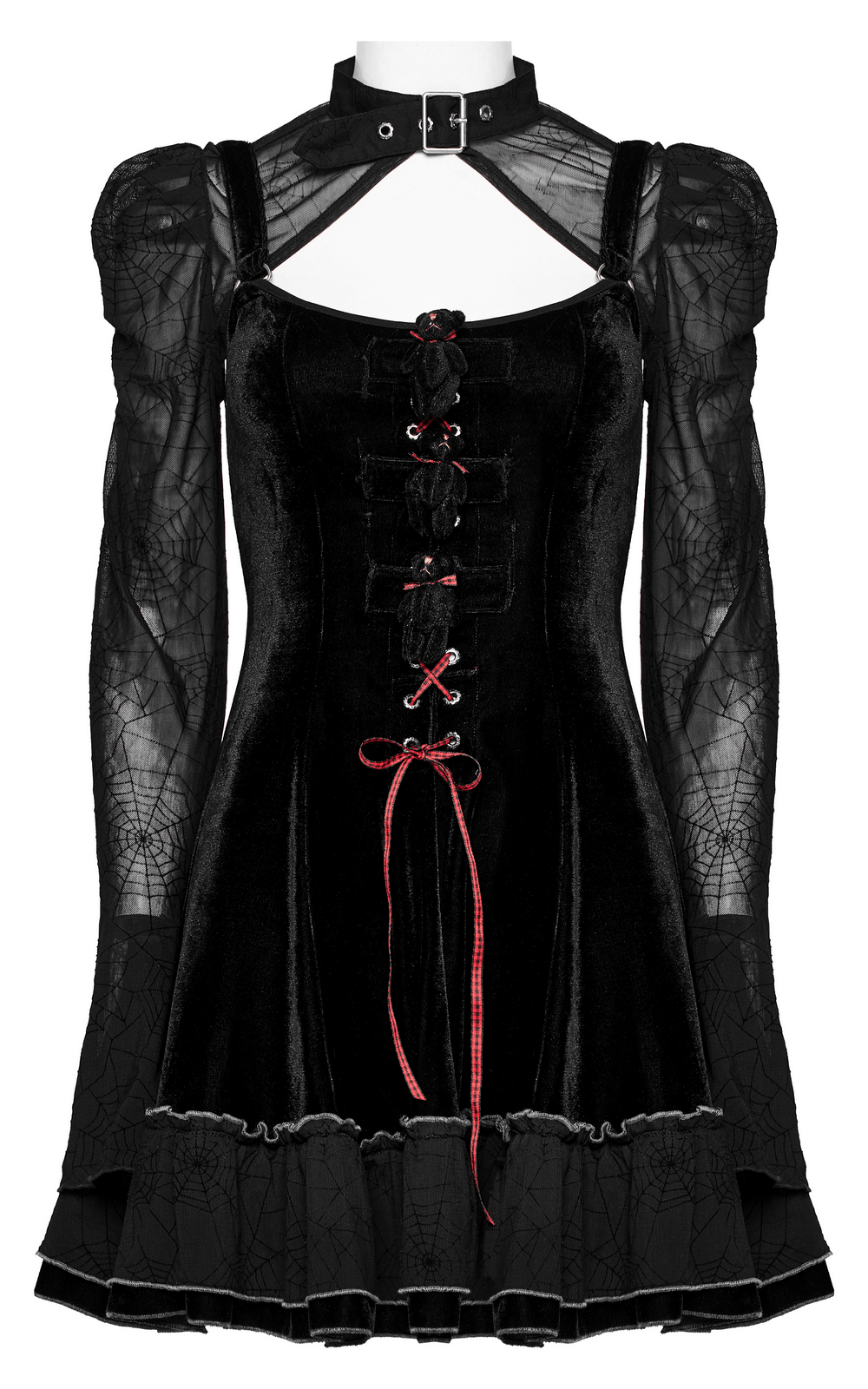Gothic velvet spider web dress with sheer sleeves and playful red plaid details, perfect for a unique goth style.