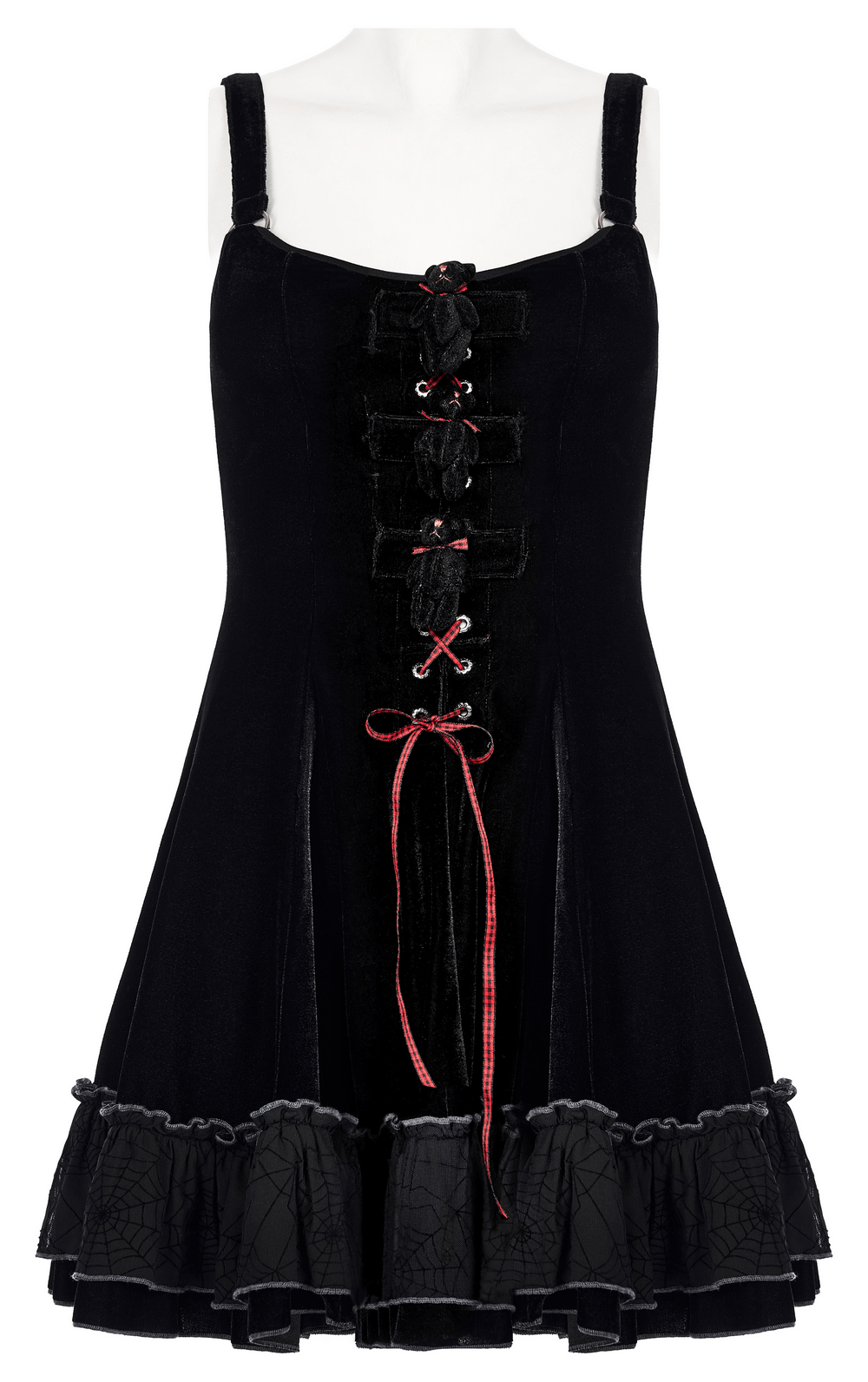 Gothic black velvet spider web dress with red accents and playful bear details, perfect for unique two-piece outfits.