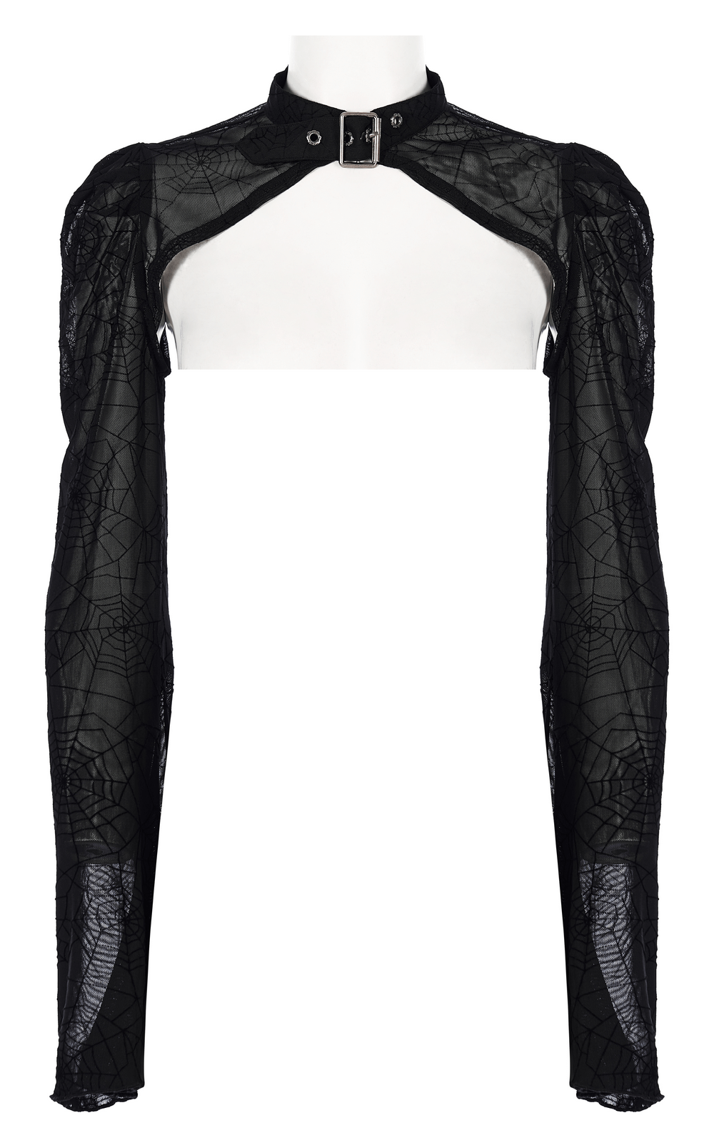 Gothic black velvet spider web design top with long sleeves and decorative buckle.