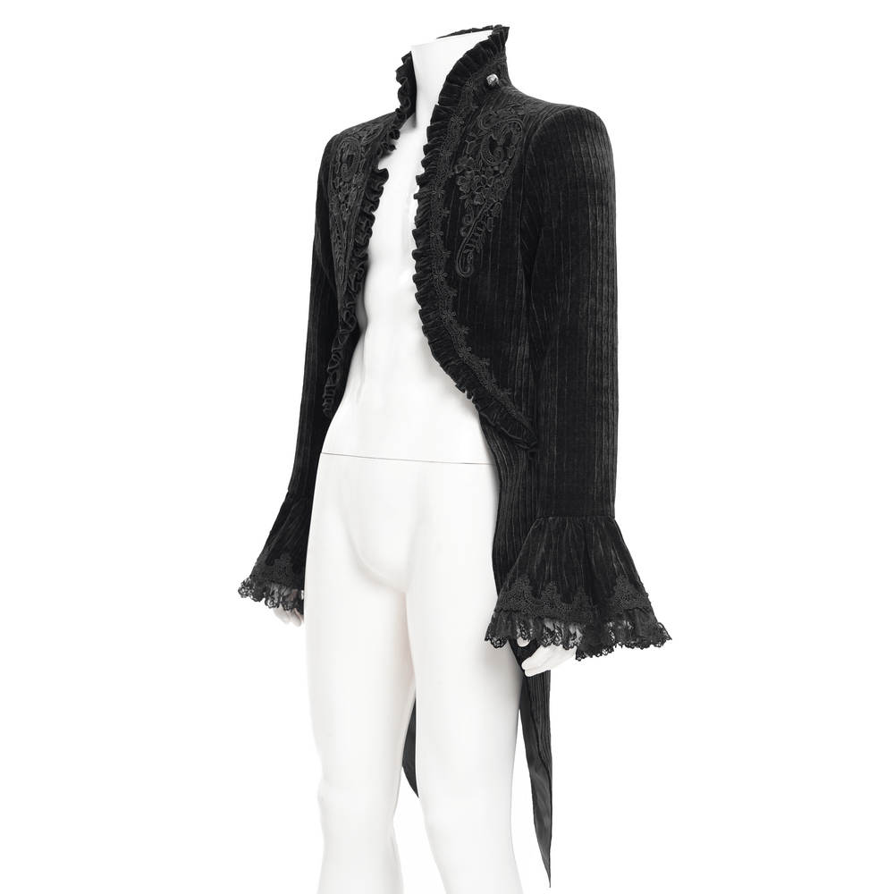 Men's Gothic Velvet Swallowtail Jacket with lace trim, high collar, and flared cuffs for a dramatic, elegant look.